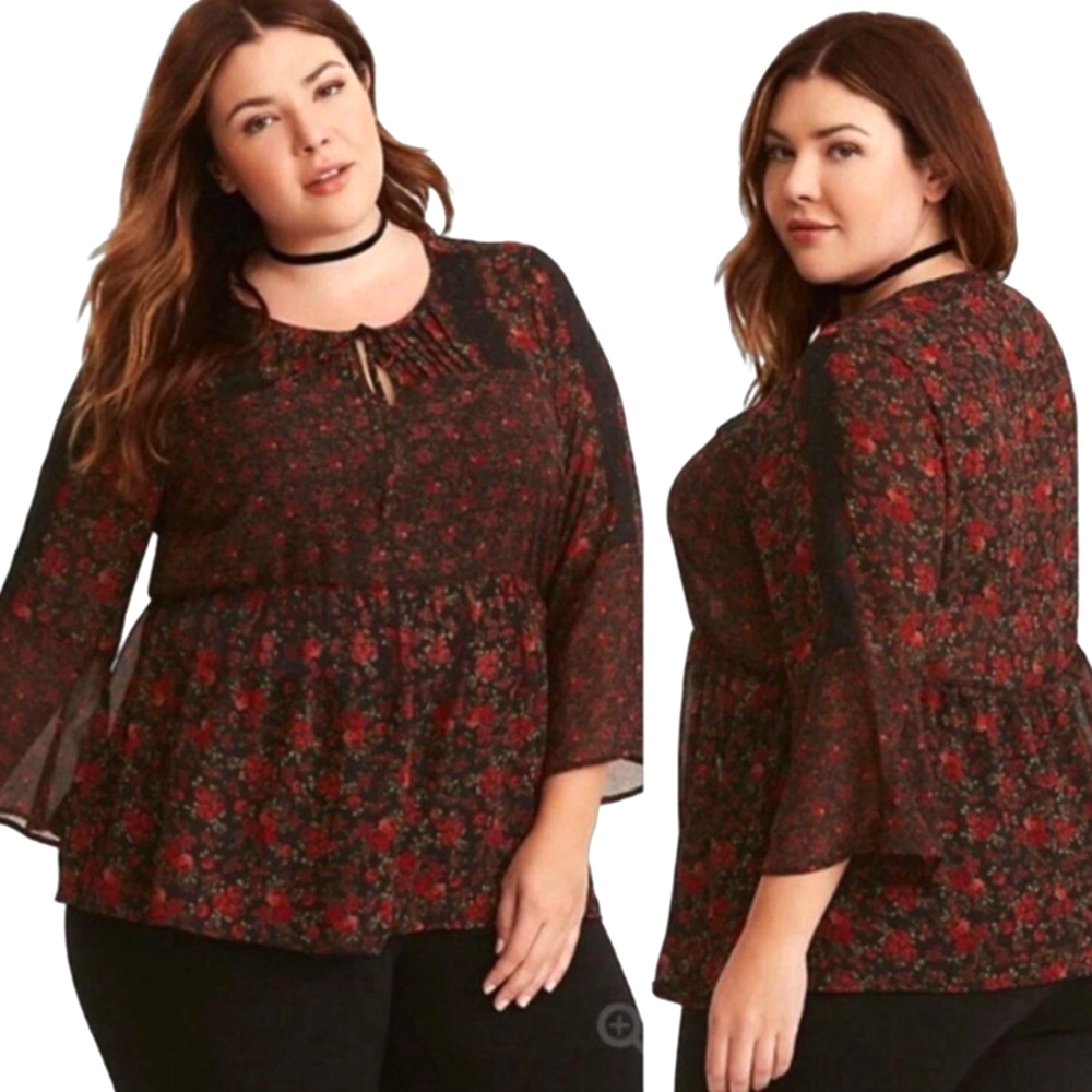 Torrid Black and Red Floral Semi Sheer Blouse Bell Sleeves‎ Elastic Waist